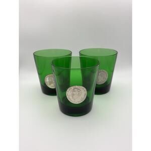Vintage 1970s DUBONNET Green Glasses w/ French Coin Medallions Set of 3 Italy